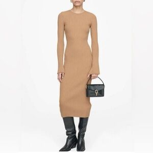 NWT Anine Bing Sia Ribbed Flare Sleeve Midi Dress Size Large Neutral Camel